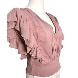 Forever That Girl Dusty Mauve Pink Smocked Ruffle Cap Sleeve V Neck Blouse XS
